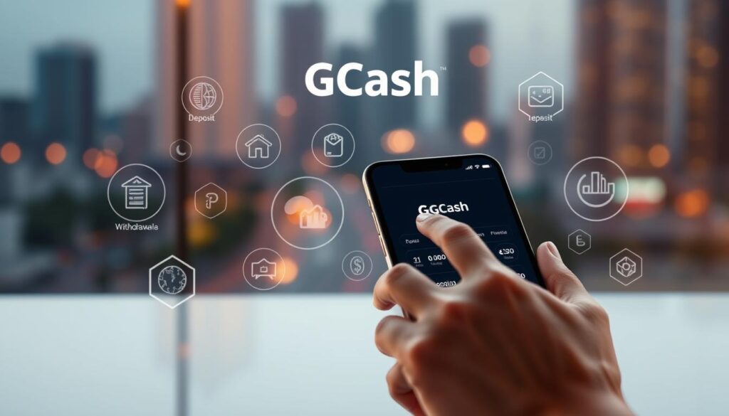 A serene digital banking environment with a sleek and modern GCash interface. In the foreground, a hand gently tapping on a smartphone screen, initiating a deposit or withdrawal transaction. The middle ground showcases an array of financial icons and visual cues, conveying the seamless flow of funds. The background features a blurred cityscape, hinting at the real-world utility of the GCash platform. Soft, warm lighting creates a sense of trustworthiness and reliability, while the overall composition suggests the simplicity and convenience of the GCash deposit and withdrawal process.