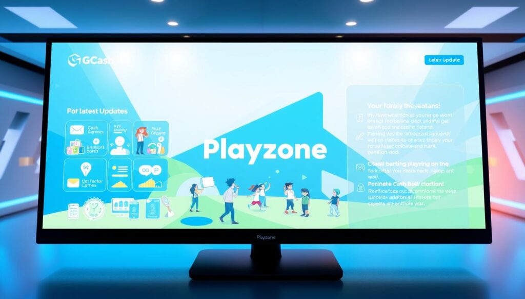 A sleek, modern interface showcasing the latest updates and features of the GCash Playzone platform. A vibrant and interactive digital playground, with a bold color palette of blues, greens, and whites. The foreground features stylized icons and illustrations representing the various games, activities, and rewards available to users. The middle ground depicts animated characters engaged in playful interactions, highlighting the social and collaborative nature of the Playzone experience. The background subtly blends geometric patterns and dynamic shapes, creating a sense of energy and movement. Soft, diffused lighting from multiple angles casts a warm, inviting glow over the entire scene, while a shallow depth of field draws the viewer's attention to the central focus. The overall aesthetic conveys a sense of innovation, technology, and a seamless user experience.