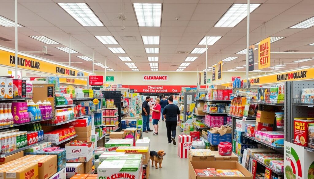 A brightly lit, spacious Family Dollar store interior. In the foreground, the clearance section is filled with a chaotic array of discounted merchandise - from household goods and personal care products to toys and home decor. Boxes, shelves, and racks create a cluttered yet intriguing visual. The middle ground features shoppers browsing through the selection, their expressions a mix of excitement and concentration. The background showcases the store's clean, modern design with high ceilings, warm lighting, and a sense of organized chaos. The overall atmosphere conveys a sense of discovery, as if hidden treasures await the observant shopper.
