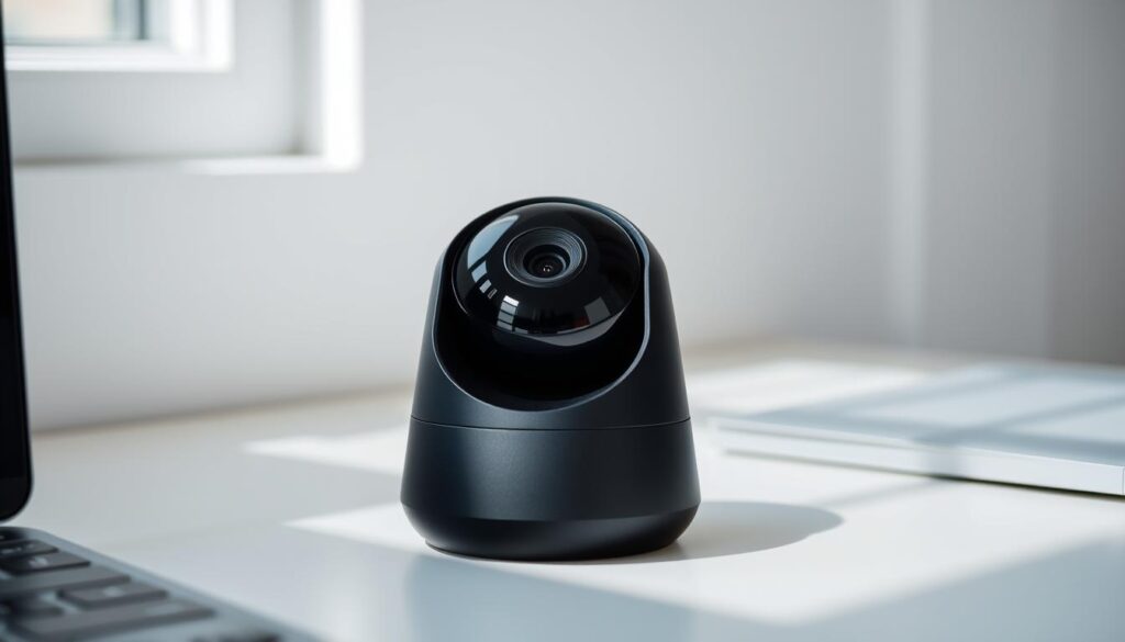 A budget-friendly WiFi camera resting on a simple desk, its sleek black housing complementing the minimalist workspace. Diffused natural light filters through a nearby window, creating soft shadows and highlighting the camera's clean lines. The lens is angled slightly upward, capturing a wide, unobstructed view of the room. The camera's compact size and discreet appearance suggest an affordable, unobtrusive security solution for the home or small office.