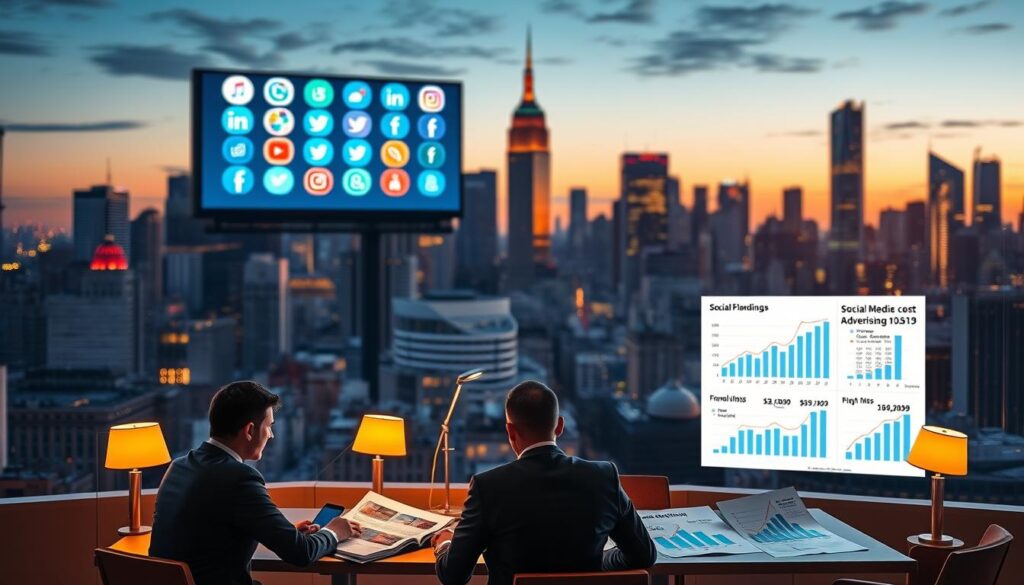 A busy city skyline at dusk, with a large digital billboard displaying various social media platform logos. In the foreground, a group of business people are gathered around a conference table, examining charts and graphs depicting social media advertising cost data. Warm lighting from desk lamps creates a contemplative atmosphere, while the cityscape in the background is bathed in the soft glow of the setting sun. The scene conveys the strategic planning and financial considerations involved in social media advertising.