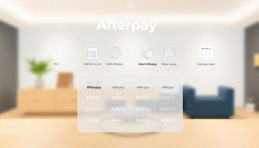 A clean, modern illustration of Afterpay's payment structure. In the foreground, a grid-like interface shows a series of four equal payment installments, each with a clear due date and amount. The middle ground features icons and visual cues representing the key steps of the Afterpay process - adding items to cart, selecting Afterpay at checkout, and making scheduled payments. The background depicts a subtly blurred, minimalist setting with soft lighting, suggesting a sense of simplicity and convenience. The overall composition conveys a clear, easy-to-understand visualization of Afterpay's core functionality.