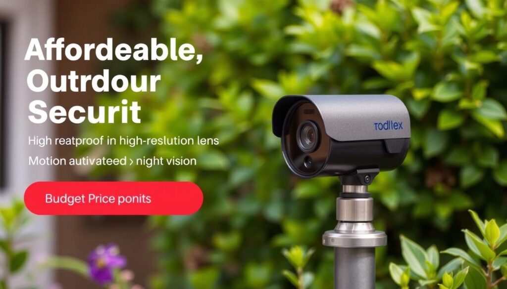 A compact outdoor security camera with a sleek, weatherproof housing sits atop a sturdy metal mount, blending seamlessly into a lush, verdant garden setting. The camera's discreet design and subtle black finish complement the natural surroundings, while its high-resolution lens and motion-activated night vision capabilities ensure reliable monitoring of the outdoor space, even in low-light conditions. The camera's affordable price point is highlighted by a warm, inviting atmosphere, conveying a sense of accessible home security for budget-conscious homeowners.