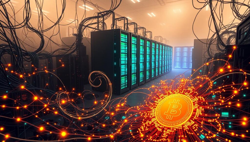 A dense network of intertwined circuits and nodes, glowing with the vibrant energy of Bitcoin transactions. In the foreground, a swirling vortex of digital data, pulsing with the rhythm of the blockchain. In the middle ground, towering server racks and data centers, their lights flickering as they process the ever-increasing volume of cryptocurrency transfers. The background is shrouded in a hazy, ethereal atmosphere, hinting at the global scale and complexity of the Bitcoin network. Illuminated by a soft, warm light, the scene evokes a sense of both power and strain, as the system struggles to keep up with the surging demand for decentralized digital currency.