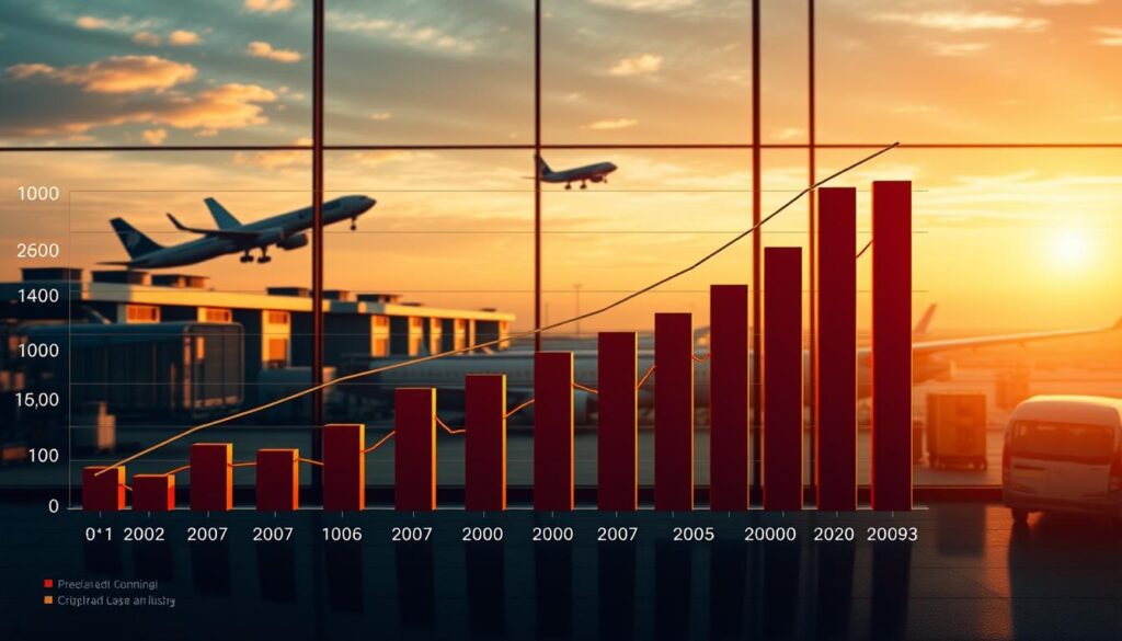A detailed bar chart displaying projected fuel price trends over the next five years, set against a backdrop of an airline terminal with planes taking off and landing. The chart is illuminated by warm, directional lighting, casting dynamic shadows and highlights on the data visualizations. The overall atmosphere conveys a sense of industry analysis and forward-looking planning, with a focus on the key factors shaping the future of the airline sector.
