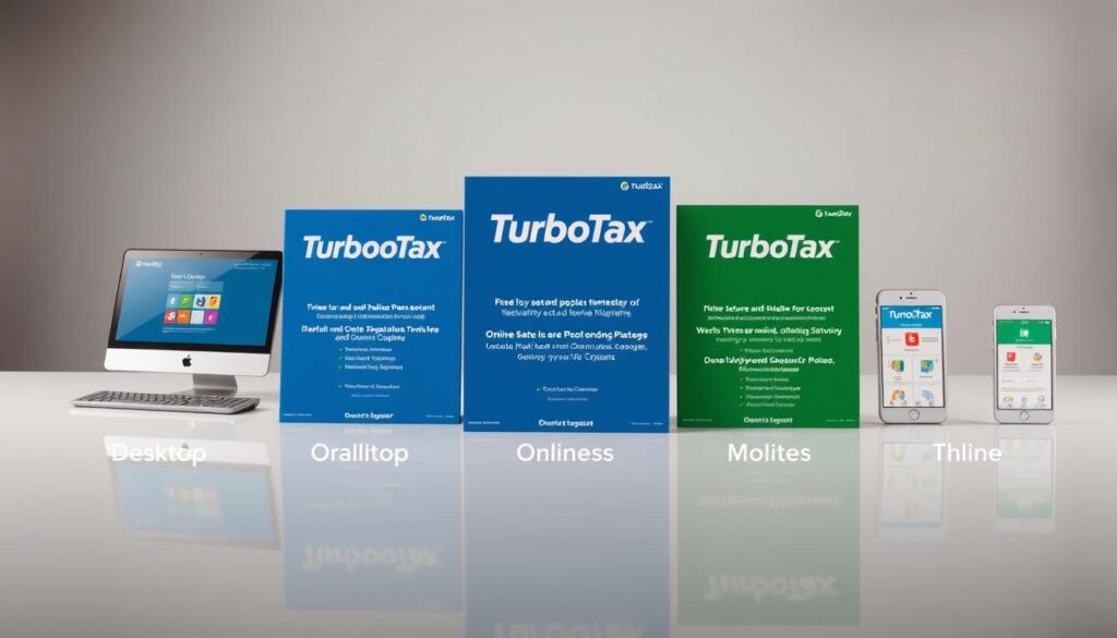 A detailed comparison of the latest TurboTax software versions, showcased in a well-lit, high-resolution product photography setup. The foreground features the various TurboTax packages, including the desktop, online, and mobile app versions, neatly arranged on a clean, reflective surface. The middle ground showcases the key features and capabilities of each version, highlighted with minimal but informative text overlays. The background is a softly blurred, neutral-toned studio setting, allowing the products to take center stage. The overall mood is professional, informative, and visually appealing, guiding the viewer through the nuances of selecting the right TurboTax solution.