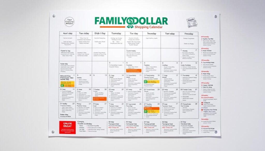 A detailed family dollar shopping calendar with a clean, organized layout showcasing key events, sale dates, and seasonal offerings. The calendar is set against a plain white background, with crisp typography and minimalist icons or illustrations to highlight important details. The overall aesthetic is professional, practical, and easy to navigate, reflecting the no-frills utility of the family dollar shopping experience. The lighting is soft and even, with a slight vignette effect to draw the eye towards the central calendar. The composition features the calendar as the primary focus, occupying the majority of the frame, with ample negative space to ensure clarity and legibility.
