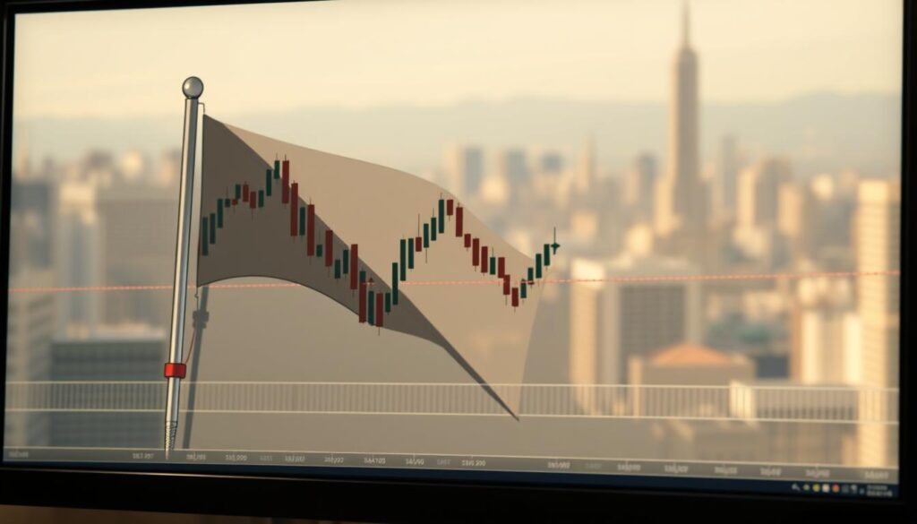 A detailed, high-resolution digital illustration of a classic "bear flag" technical analysis pattern displayed on a computer monitor or trading platform. The foreground shows the distinct flag shape formed by a downward price movement followed by a consolidation phase. The flag is rendered with precise, clean lines and shaded areas, reflecting the technical precision of this chart pattern. The middle ground depicts a candlestick chart in muted, earthy tones, emphasizing the bearish sentiment. The background features a subtle, blurred cityscape or financial district, evoking the financial context. The lighting is natural and indirect, creating soft shadows and highlights that enhance the technical details. The overall mood is serious and analytical, conveying the technical nature of the subject matter.