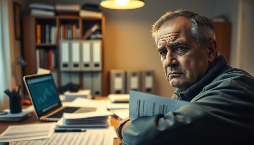 A dimly lit home office, with a desk covered in financial documents, tax forms, and a laptop. In the foreground, a furrowed brow and a pensive expression on the face of a middle-aged individual, surrounded by a halo of task lighting. The background is a soft, blurred out, with hints of bookshelves and filing cabinets, conveying a sense of complexity and the weight of advanced tax situations. The lighting is warm, but with a hint of frustration, as the subject navigates the intricate world of tax planning and preparation.