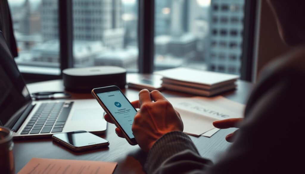 A dimly lit, modern office desk with a laptop, smartphone, and documents scattered across it. In the foreground, a person's hands are carefully navigating the Venmo mobile app, focused on the account recovery process. The background features a soft, blurred cityscape through a window, conveying a sense of professionalism and attention to detail. The lighting is warm and subdued, creating a contemplative atmosphere as the user navigates the recovery steps. The scene is captured from a slightly elevated angle, providing a clear view of the desktop and the user's actions.