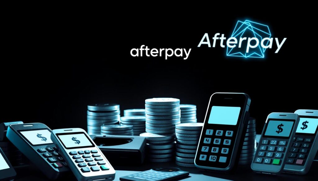 A high-contrast, dynamic illustration of Afterpay merchant fees. In the foreground, an array of credit card terminals and mobile payment devices, each with a striking "$" symbol prominently displayed. The middle ground features a towering stack of coins and banknotes, casting long shadows across the scene. In the background, a sleek, minimalist wireframe representation of the Afterpay logo hovers, almost like a holographic projection. The lighting is sharp and directional, creating a sense of depth and emphasizing the textural details of the payment hardware. The overall mood is one of financial transaction, digital commerce, and the tangible costs associated with offering Afterpay as a payment option.