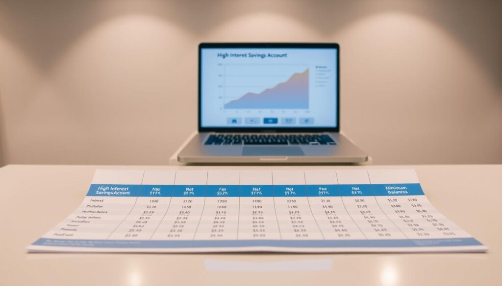 A high-interest savings account comparison chart displayed on a sleek, modern desktop. In the foreground, rows of neatly organized financial data highlight key details like interest rates, minimum balances, and fees for various savings account options. The middle ground features a laptop displaying additional account details, with a professional-looking graph illustrating the growth potential of high-yield savings. The background showcases a minimalist office setting, with clean lines, muted colors, and subtle lighting to create a sense of calm and professionalism. The overall scene conveys a balanced, informative, and visually appealing presentation of high-interest savings account options.