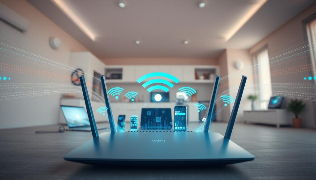 A high-resolution, wide-angle photograph showcasing the technical benefits of WiFi 6. The foreground features a sleek, modern router with an array of antennas, emitting vibrant waves of electromagnetic energy. In the middle ground, various wireless devices such as laptops, smartphones, and smart home appliances are seamlessly connected, their screens displaying high-speed data transfer. The background depicts a minimalist, well-lit interior, conveying a sense of efficiency and futuristic connectivity. The overall tone is one of advanced technology, speed, and the seamless integration of WiFi 6 into everyday life.