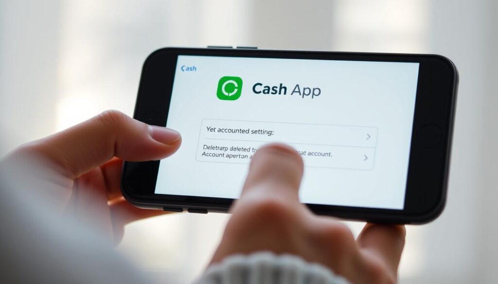A mobile device with a clean, minimalist interface, prominently displaying the Cash App logo and the account deletion process. The screen is bathed in soft, natural lighting, creating a serene and focused atmosphere. The user's hand is visible, gently interacting with the device's touchscreen, navigating through the account settings. The background is blurred, drawing the viewer's attention to the central action. The overall composition conveys a sense of control and simplicity, reflecting the ease of deleting a Cash App account on a mobile device.