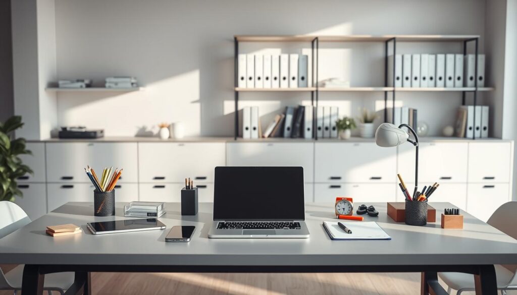 A modern and minimalist workspace with a large desk showcasing various project management tools. On the desk, there are a laptop, a tablet, a smartphone, and several office supplies like pens, sticky notes, and a desk organizer. The lighting is soft and natural, creating a calm and productive atmosphere. In the background, there are shelves displaying relevant books and documents. The overall scene conveys a sense of organization, efficiency, and professionalism, suitable for a web design company's project management processes.