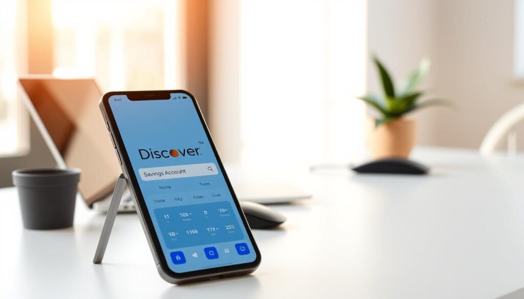 A modern, minimalist composition depicting a digital savings account interface. In the foreground, a sleek smartphone displays the Discover logo and online banking dashboard, with clean typography and intuitive navigation. The middle ground features a simple, elegant desk setup with a laptop, wireless mouse, and a potted plant, suggesting a productive, professional workspace. The background is a softly blurred, neutral-toned environment, emphasizing the digital, technology-driven nature of the online savings account. Warm, natural lighting creates a pleasant, inviting atmosphere. The overall scene conveys a sense of accessibility, efficiency, and financial security in the digital age.