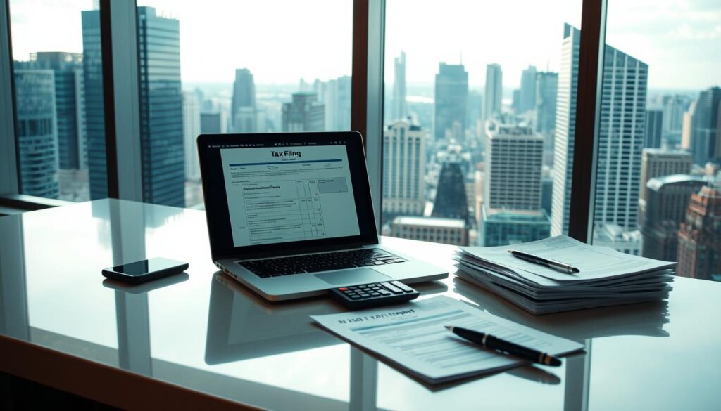 A modern office space with a large window overlooking a bustling city skyline. On the desk, a laptop displays tax filing documents and a calculator. Next to it, a stack of tax forms and a pen. The lighting is soft and natural, reflecting off the polished surfaces. The atmosphere conveys a sense of contemplation and attention to detail as the 2023 tax reporting changes are being carefully reviewed. The image should have a professional, informative tone to match the subject matter.
