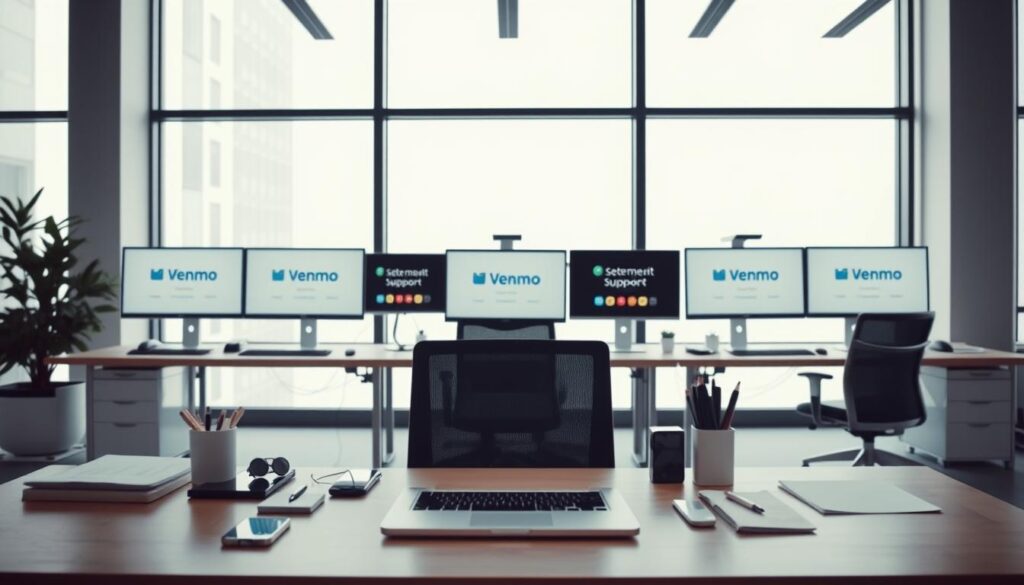A modern, professional office setting with a sleek, minimalist design. In the foreground, a desk with a laptop, smartphone, and various office supplies, conveying the tools needed for effective customer support. The middle ground features a row of neatly organized computer monitors, each displaying Venmo's support channels - email, chat, and social media icons. The background showcases floor-to-ceiling windows, allowing natural light to flood the space and create a bright, airy atmosphere. The overall mood is one of efficiency, accessibility, and a commitment to providing top-notch customer service.