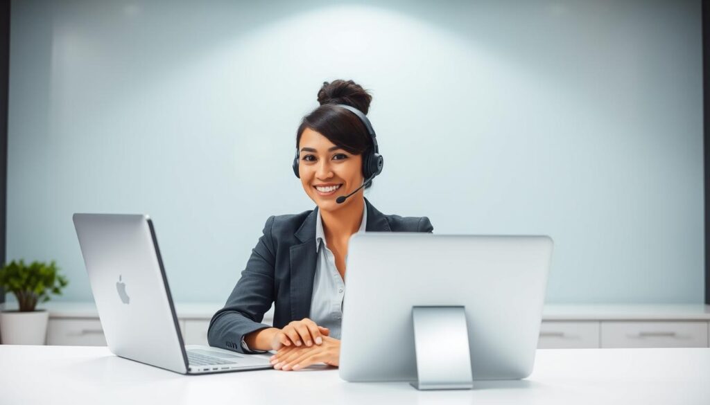 A professional customer service representative sitting at a desk, providing assistance to a Cash App user. The scene is set in a modern office environment, with a clean and minimalist design. The representative is wearing a smart casual outfit and has a friendly, approachable demeanor. The background features a subtle gradient or solid color, with no distracting elements. The lighting is soft and even, creating a calming atmosphere. The camera angle is positioned slightly above the representative, giving a sense of competence and professionalism. The overall impression is one of reliable and efficient customer support for the Cash App platform.