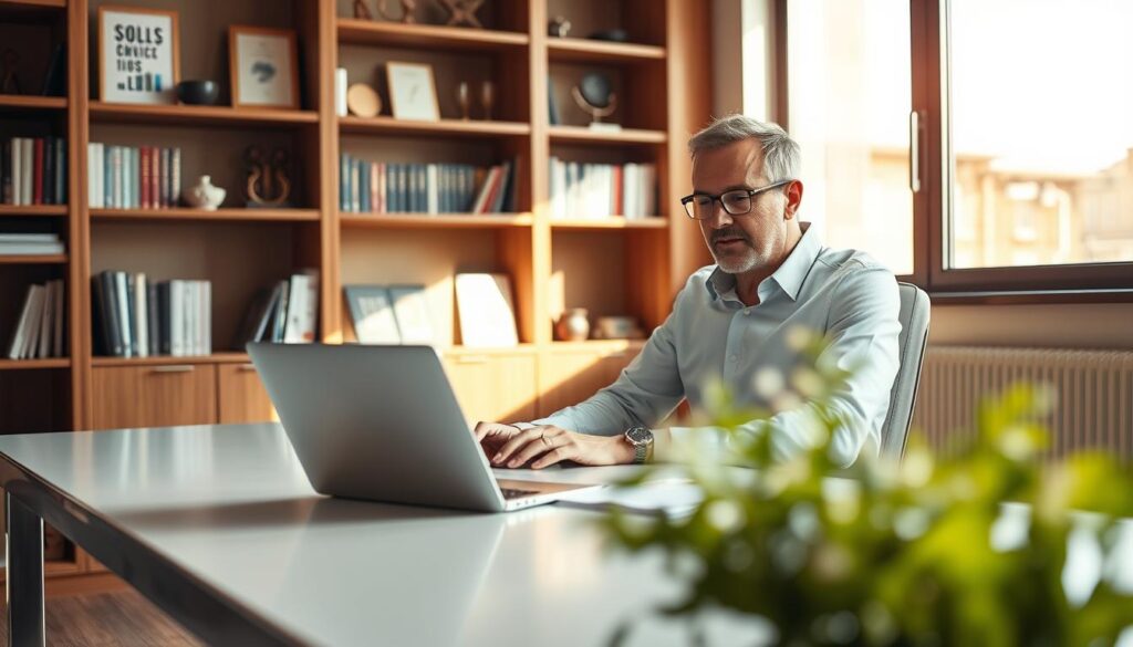 A seasoned marketing consultant seated at a sleek, minimalist desk, surrounded by a warm, inviting office environment. Soft, directional lighting from a large window casts a gentle glow, highlighting their focused expression as they review market data and strategize on a laptop. Shelves in the background display relevant books and awards, conveying their expertise. The scene radiates professionalism, creativity, and a deep understanding of the client's needs, capturing the benefits of hiring a skilled marketing consultant.