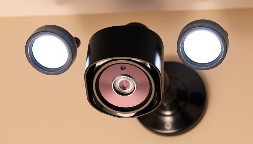 A sleek and modern Ring Spotlight Cam Pro device, meticulously crafted with a polished black exterior and a gleaming metallic accent. The camera is mounted on a sturdy arm, allowing for a wide range of motion and optimal positioning. Bright LED spotlights flank the camera, illuminating the subject with a warm, welcoming glow. The entire assembly is mounted on a neutral-toned wall, blending seamlessly into the home's aesthetic. The camera's lens is sharp and precise, capturing high-definition footage with exceptional clarity. The overall mood is one of security, technology, and sophistication, perfectly suited for a contemporary home security system.