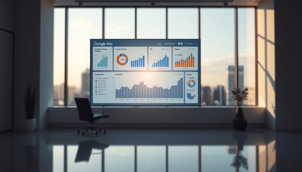 A sleek, data-driven dashboard hovers in a minimalist, well-lit office setting. Crisp visualizations and analytics charts float in the foreground, reflecting the glow of a large window that fills the background with a tranquil cityscape. Subtle shadows and highlights accentuate the depth and dimensionality of the scene. The overall mood is one of focused efficiency and strategic clarity, perfectly capturing the essence of data-driven decision-making for Google Ads success.