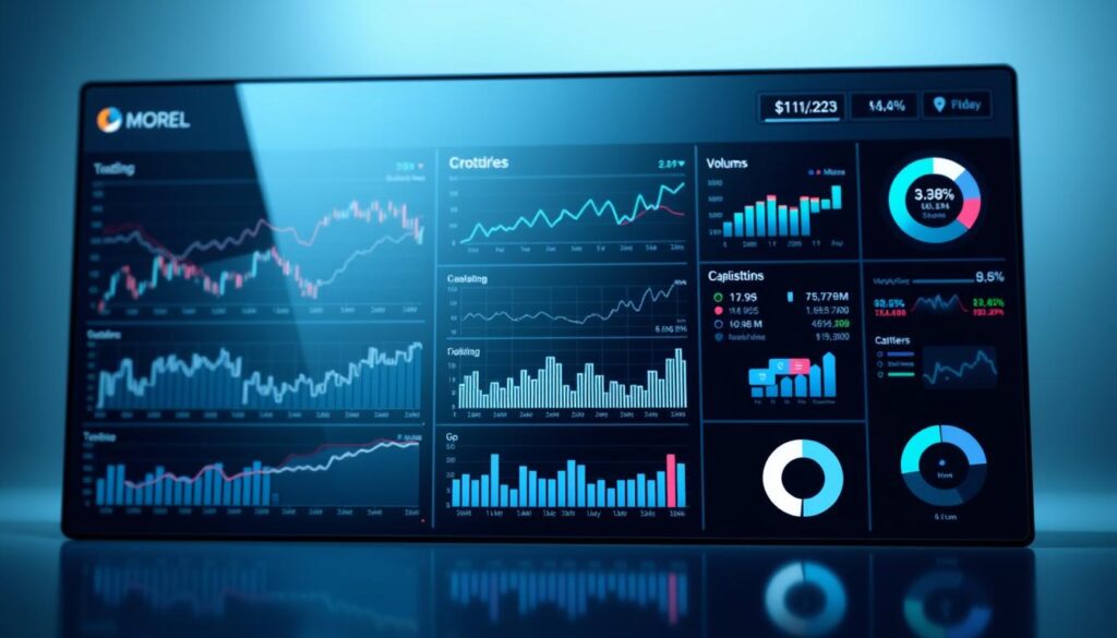 A sleek, modern data visualization dashboard displaying a variety of comparative performance metrics. In the foreground, a series of interactive line charts, bar graphs, and pie charts showcasing key financial indicators like stock prices, trading volumes, and market capitalization, all set against a clean, minimalist interface with a subtle gradient background. The layout is balanced and visually appealing, using a cool color palette of blues and grays to convey a sense of professionalism and authority. Crisp, high-resolution rendering with a shallow depth of field, drawing the viewer's attention to the relevant data points and analysis tools. Elegant lighting from multiple angles creates depth and dimensionality, while a slightly low camera angle suggests an air of sophistication and expertise.