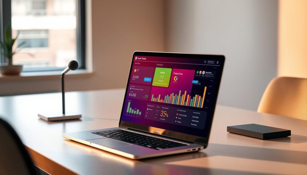 A sleek, modern office desk with a laptop and a vibrant square-shaped server status display. The display shows a real-time monitoring dashboard with color-coded indicators, clear data visualizations, and concise status labels. Warm, directional lighting casts shadows and highlights the clean, minimalist design. The scene is captured from a slightly elevated angle, conveying a sense of focus and professionalism. The overall atmosphere is one of efficiency, technology, and troubleshooting prowess.