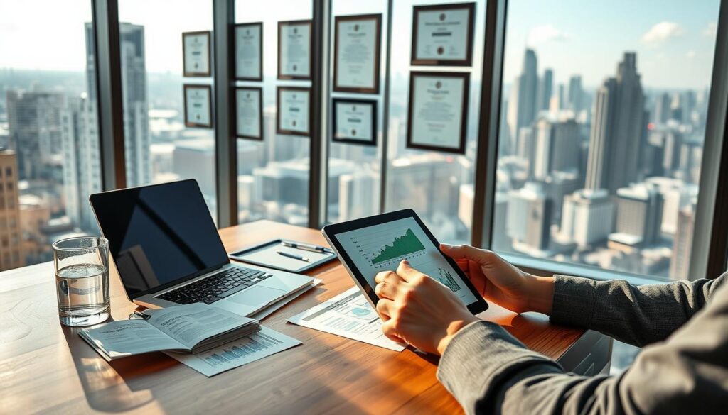 A sleek, modern office setting with a large window overlooking a bustling cityscape. In the foreground, a wooden desk is adorned with various financial documents, a laptop, and a glass of water. On the desk, a person's hands are visible, working intently on a tablet device, exploring different investment strategies and financial analytics displayed on the screen. The middle ground features several framed certificates and awards on the walls, symbolizing the expertise and credibility of the investment advisory service. Subtle lighting from the window casts a warm, natural glow throughout the space, creating a sense of professionalism and productivity. In the background, the cityscape is visible through the large window, hinting at the broader financial landscape and the diverse investment opportunities available to the viewer.