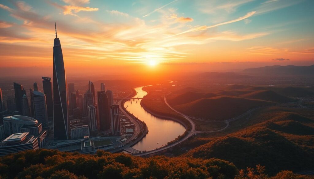 A stunning landscape depicting the growth trajectory of Solana, a leading blockchain platform. In the foreground, a sleek, modern cityscape rises up, with towering skyscrapers and futuristic architecture bathed in a warm, golden light. In the middle ground, a winding river reflects the sky, which is painted in vibrant hues of orange and pink, as if the sun is setting. In the background, rolling hills and lush greenery provide a serene, natural backdrop, symbolizing the organic growth and expansion of Solana's ecosystem. The scene is captured with a wide-angle lens, creating a sense of grandeur and scale, and is illuminated by a soft, diffused lighting that lends a dreamlike quality to the image.