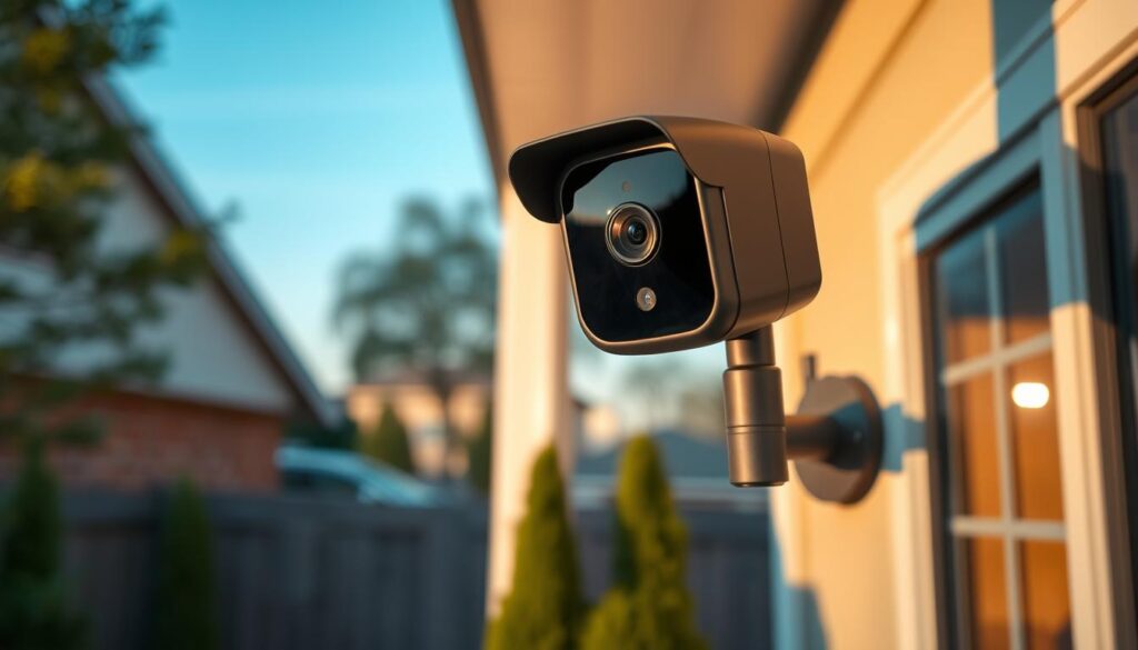 A sturdy, weatherproof outdoor WiFi security camera mounted on a modern gray metal pole, its sleek black housing blending seamlessly with the surroundings. The camera's high-resolution lens captures a wide, panoramic view of the backyard or front porch, its discreet design complementing the home's architecture. Warm, natural lighting from the setting sun illuminates the scene, casting soft shadows and creating a welcoming, safe atmosphere. The camera's advanced motion detection and night vision capabilities are implied, ready to provide reliable, round-the-clock home surveillance.