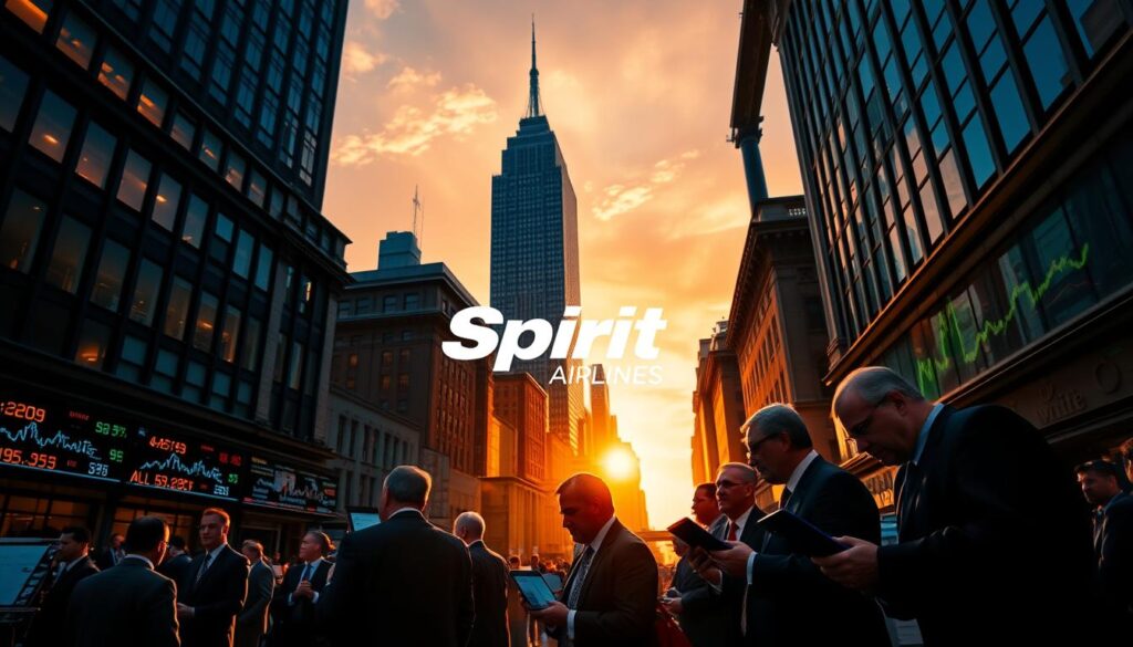 A towering skyscraper silhouette against a vibrant sunset sky, casting long shadows across the bustling streets of Wall Street. In the foreground, a group of business professionals in suits and ties, their expressions serious as they analyze stock charts and financial data on their tablets and laptops. The scene is illuminated by warm, golden lighting, creating a sense of urgency and anticipation. The overall atmosphere conveys the high-stakes, fast-paced nature of Wall Street predictions, with Spirit Airlines' logo prominently displayed amidst the flurry of activity.