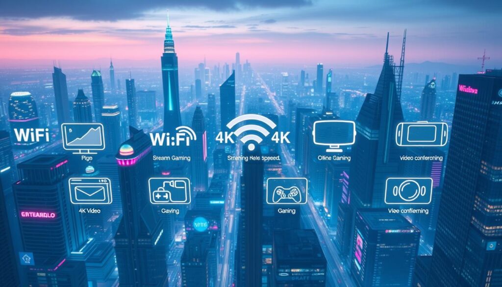 A vast, futuristic cityscape stretches out before the viewer, its towering skyscrapers and bustling streets bathed in a cool, neon-tinged glow. In the foreground, a series of informative data visualizations hover in mid-air, each one depicting the WiFi speed requirements for a different common activity - streaming 4K video, online gaming, video conferencing, and more. The visualizations are sleek and minimalist, using clean lines, geometric shapes, and a vibrant color palette to clearly convey the necessary bandwidth for each task. The overall scene presents a vision of a hyper-connected, technology-driven future, where fast, reliable WiFi is essential for everyday life.