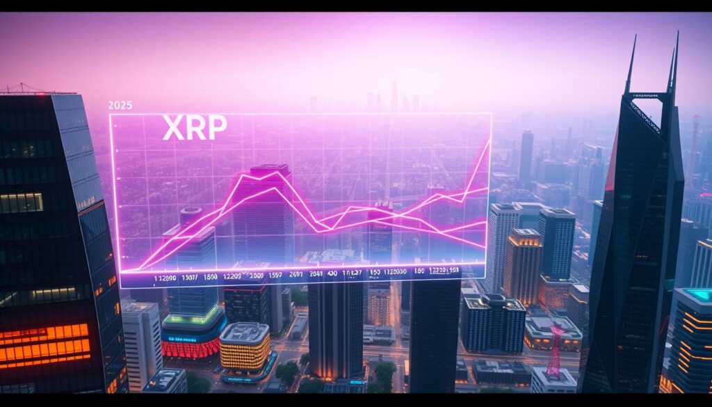 A vibrant, futuristic landscape depicting the forecast of the XRP cryptocurrency price by the year 2025. In the foreground, a holographic display showcases a dynamic line chart projecting the price trajectory, bathed in a warm, neon-infused glow. The middle ground features sleek, angular buildings representative of a modern financial district, their facades reflecting the display's colorful visualization. In the background, a sprawling cityscape stretches out, shrouded in a hazy, atmospheric lighting that evokes a sense of technological progress and economic potential. The overall composition conveys a sense of data-driven financial forecasting within a cutting-edge, metropolis-like environment.