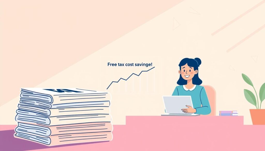 A vibrant, minimalist illustration showcasing the benefits of free tax filing services. In the foreground, a stack of neatly organized tax documents and a smiling person sitting at a desk, hand-drawn in a clean, modern style. The middle ground features a stylized graph or chart demonstrating the cost savings achieved by using a free tax filing platform, with simple yet impactful data visualizations. The background is a serene, light-filled space with subtle geometric patterns, conveying a sense of efficiency and financial wellness. The overall composition is balanced, with a warm, inviting color palette and soft, natural lighting to create a calming, professional atmosphere.