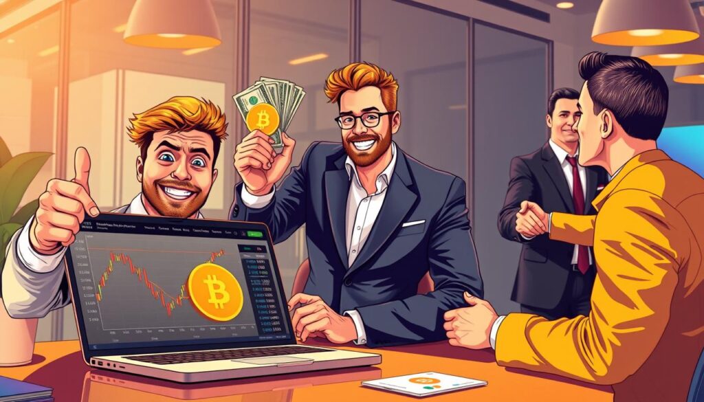 A vibrant, realistic digital illustration depicting three successful Bitcoin traders from FintechZoom.com, each sharing their personal stories of financial triumph. In the foreground, a confident trader points to a laptop screen displaying a soaring Bitcoin price chart, their expression exuding a sense of empowerment and accomplishment. In the middle ground, another trader beams with joy as they hold up a stack of crisp hundred-dollar bills, their stylish attire and modern office setting conveying an air of prosperity. In the background, a third trader shakes hands with a business partner, their handshake symbolizing the lucrative partnerships and opportunities that have arisen from their FintechZoom.com Bitcoin trading success. The scene is illuminated by warm, directional lighting, casting dramatic shadows and highlights that accentuate the subjects' expressions and the high-tech, sophisticated atmosphere.