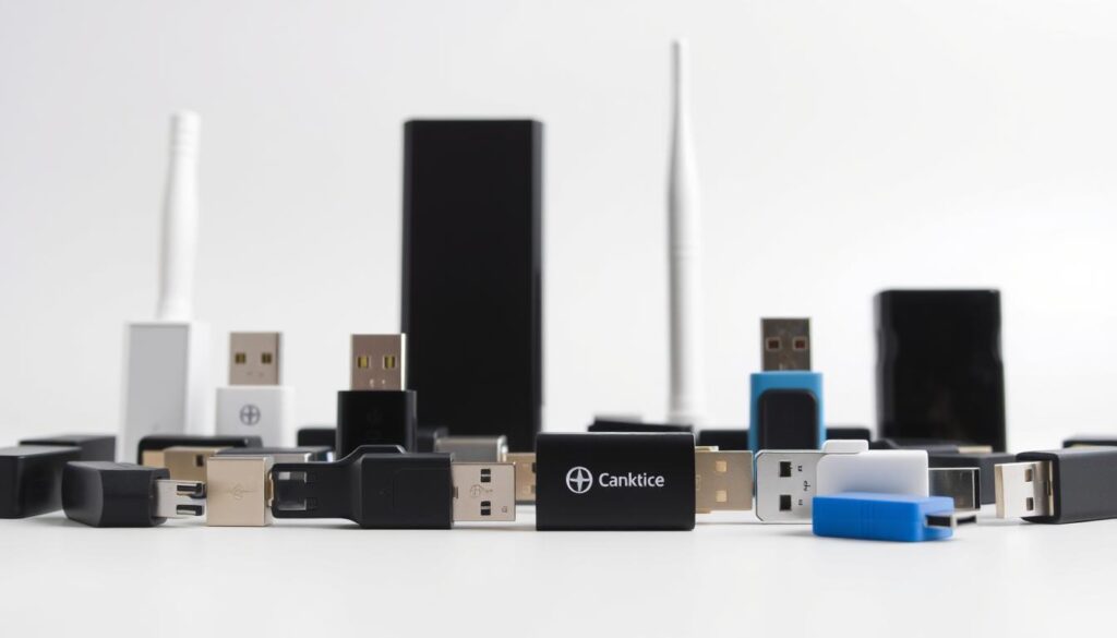 An array of USB WiFi adapters in a well-lit, clean studio setting. The adapters are arranged in the foreground, showcasing their various shapes, sizes, and color schemes. The middle ground features a neutral background, allowing the adapters to take center stage. Soft, diffused lighting casts gentle shadows, highlighting the textures and details of the adapters. The overall composition is crisp and professional, inviting the viewer to closely examine the features and capabilities of these top USB WiFi solutions.
