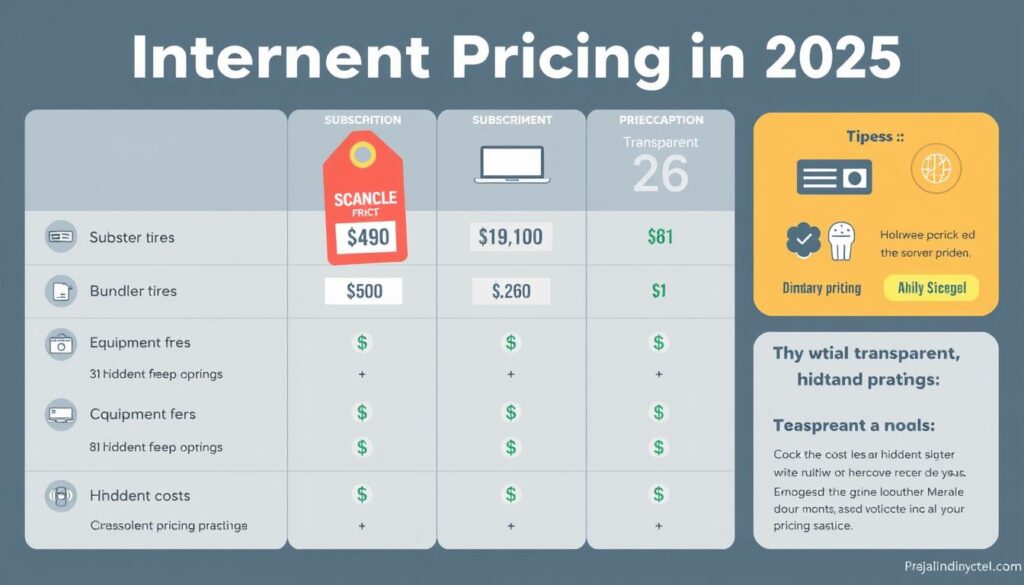Comparison of different internet pricing models in 2025, showing subscription tiers, bundling options, and potential hidden fees Comparison of different internet pricing models in 2025, showing subscription tiers, bundling options, and potential hidden fees