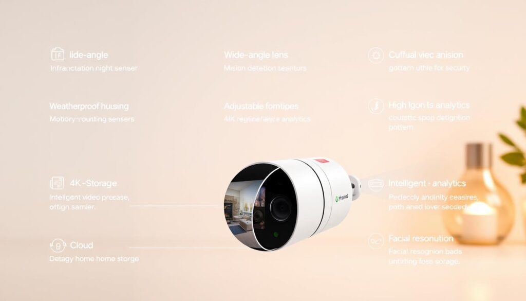 Detailed home security camera features displayed in a clean, technical layout. A minimalist white background showcases a wide-angle lens camera with infrared night vision, motion detection sensors, and a discreet design. In the foreground, a clear view of the camera's weatherproof housing, adjustable mounting bracket, and high-resolution 4K image sensor. The middle ground includes a zoomed-in view of the camera's intelligent video analytics, facial recognition, and cloud storage capabilities. Warm lighting and reflective metallic accents convey a sense of modern, reliable home security technology.