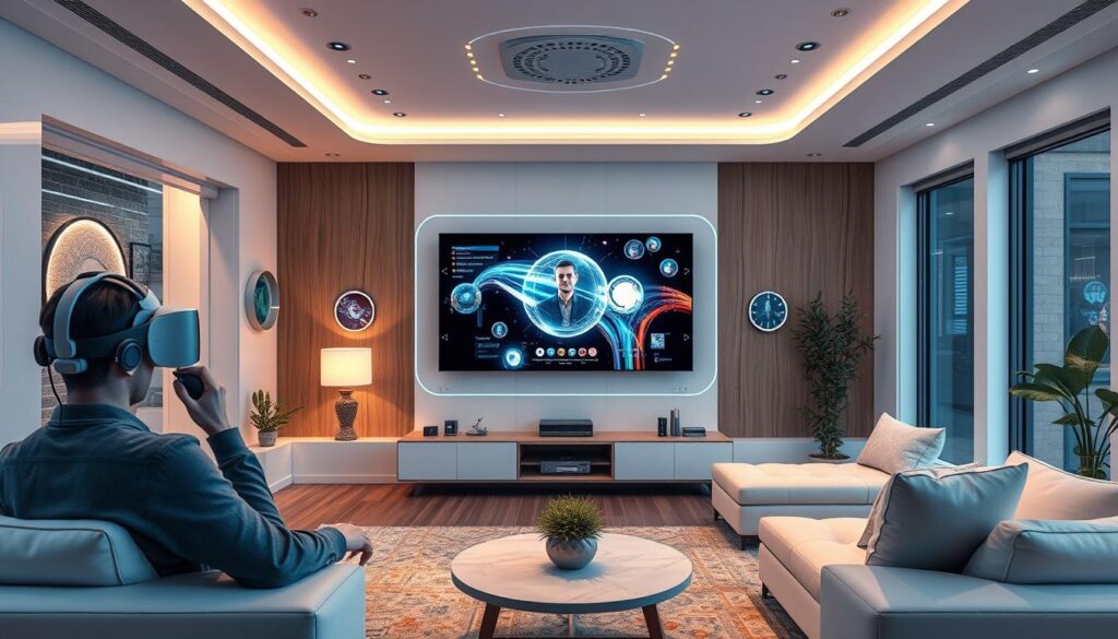 Future home technology ecosystem showing VR/AR, 8K streaming, and IoT devices that will require robust internet connections Future home technology ecosystem showing VR/AR, 8K streaming, and IoT devices that will require robust internet connections