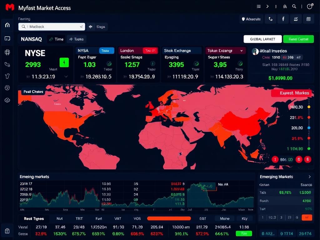 Global market access dashboard on Myfastbroker.com showing international exchanges Global market access dashboard on Myfastbroker.com showing international exchanges