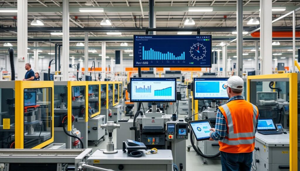 Industrial IoT setup in a manufacturing facility with connected machines and monitoring systems