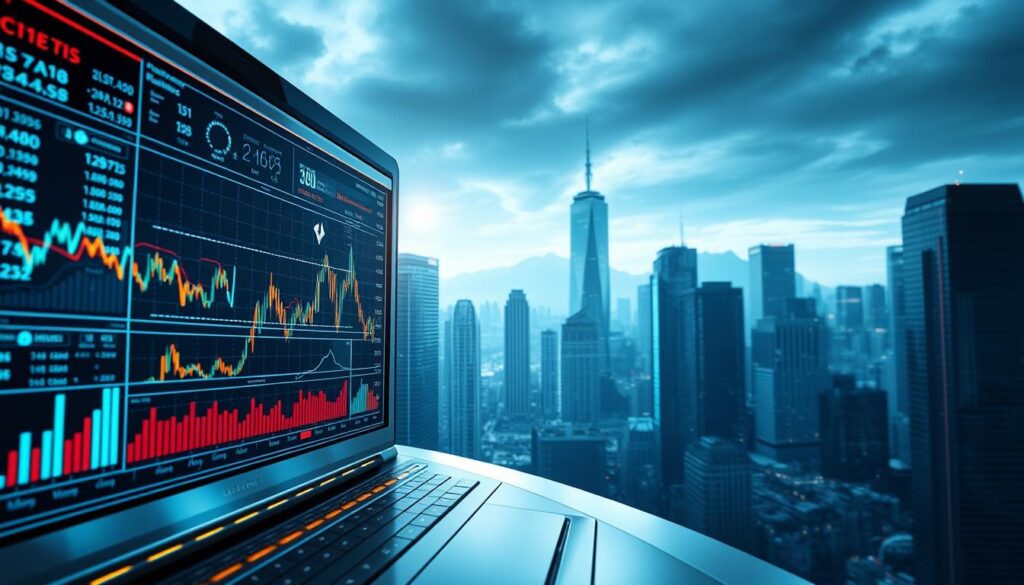 Macroeconomic catalysts for bitcoin movement: a high-tech, data-driven visualization. Sleek, metallic interface displaying real-time economic indicators - stock indices, inflation rates, GDP figures. Interactive graphs and charts, pulsing with energy, reflect the complex interplay of global financial forces. In the background, a cityscape of skyscrapers, symbolizing the urban centers of economic power. Bright, cool lighting casts an aura of technological sophistication, while dramatic shadows suggest the weighty implications of these data points. The overall mood is one of analytical rigor and financial dynamism, capturing the essence of the macroeconomic environment shaping the bitcoin market.