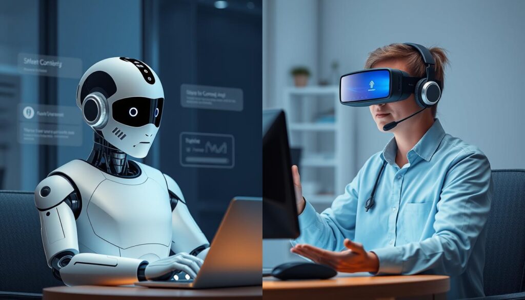 Modern customer service options for internet providers in 2025, showing AI chatbots and human support representatives Modern customer service options for internet providers in 2025, showing AI chatbots and human support representatives