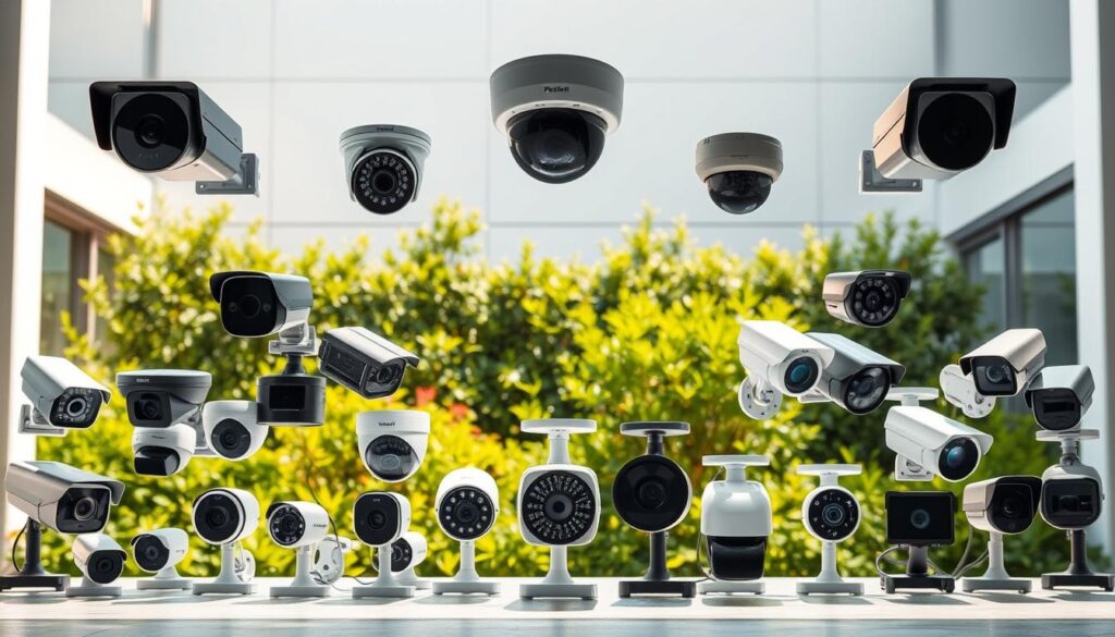 Outdoor Camera Performance Comparison: A meticulously designed tableau showcasing the intricate details and capabilities of leading outdoor security cameras. In the foreground, an array of cameras in various styles and sizes are arranged in a visually striking grid, each capturing a unique perspective of the scene. The middle ground features a verdant garden setting, with lush foliage and natural lighting casting warm shadows. In the background, a clean and modern architectural backdrop provides a sleek, professional context. The cameras' advanced sensors, lenses, and night vision capabilities are subtly emphasized, inviting the viewer to appreciate the nuanced performance data that will be presented in the article. An air of scientific precision and technical prowess permeates the entire composition, setting the stage for an informative and visually captivating exploration of the top outdoor security camera options.