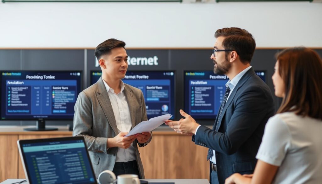 Person negotiating with an internet provider representative, with visual elements showing contract terms and service level agreements Person negotiating with an internet provider representative, with visual elements showing contract terms and service level agreements