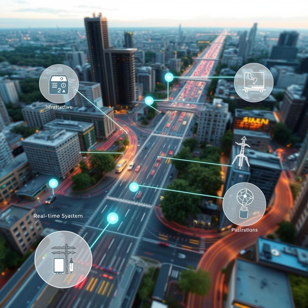 Smart city infrastructure with connected traffic lights, public transportation, and utility monitoring
