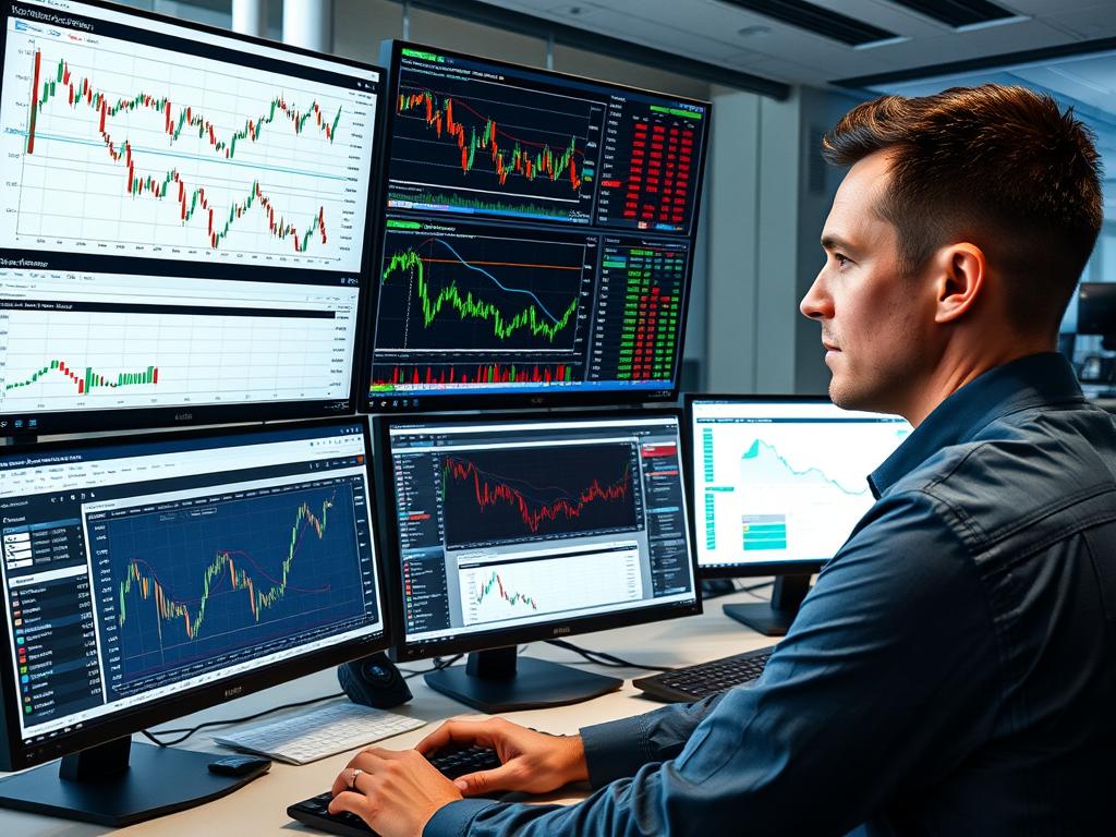 Trader analyzing DAX40 automotive sector stocks on multiple screens Trader analyzing DAX40 automotive sector stocks on multiple screens
