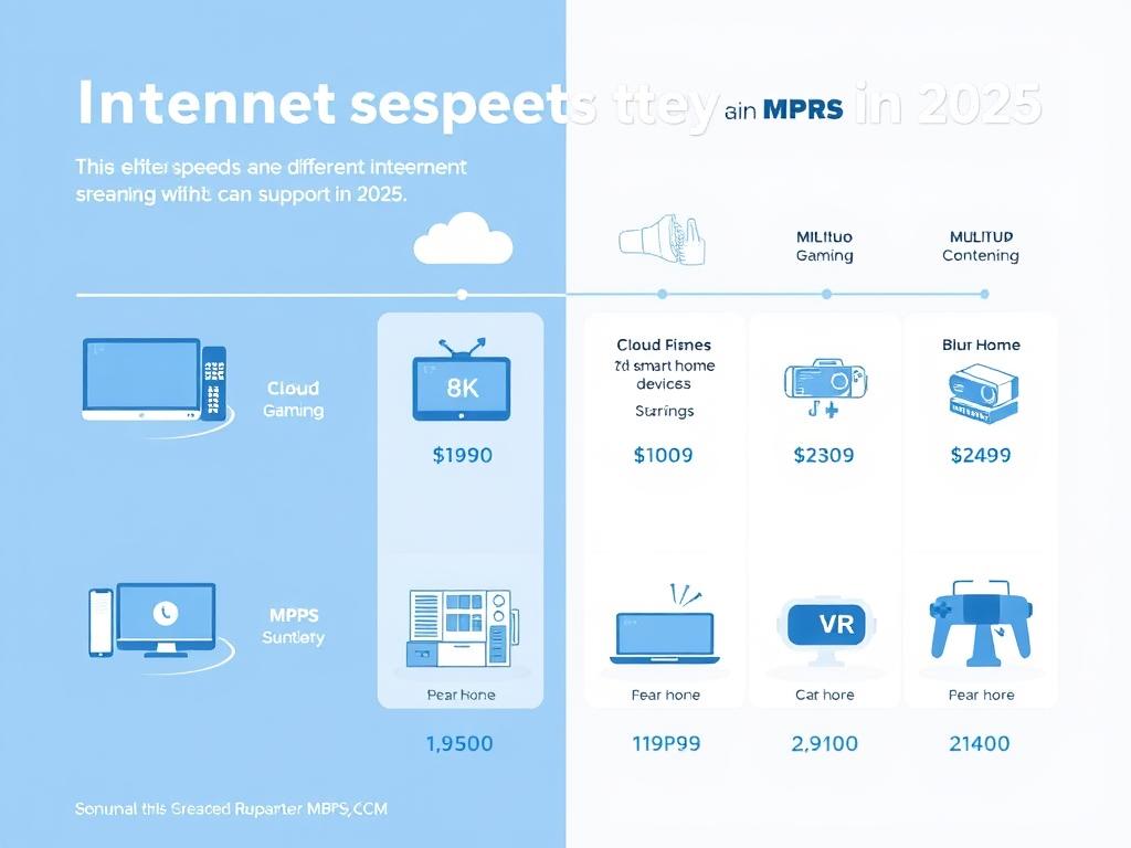 Visual comparison of different internet speeds for various activities in 2025, showing bandwidth requirements for streaming, gaming, and smart home devices Visual comparison of different internet speeds for various activities in 2025, showing bandwidth requirements for streaming, gaming, and smart home devices