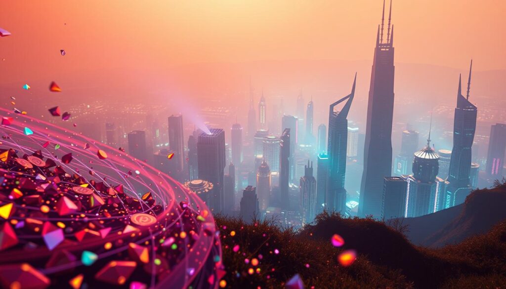 A breathtaking scene of the metaverse, where digital tokens dance and shimmer in a futuristic landscape. The foreground features a swirling array of colorful, polygon-shaped cryptocurrency icons, their facets glimmering with an ethereal light. In the middle ground, towering digital structures emerge, their sleek lines and holographic textures hinting at the advanced technology of the metaverse. The background is a hazy, neon-infused cityscape, with skyscrapers and towers reaching towards a vibrant, technologically-enhanced sky. The entire composition is bathed in a warm, ambient glow, creating a sense of wonder and innovation. Cinematic camera angles and dramatic lighting emphasize the grandeur and potential of metaverse-based digital assets.